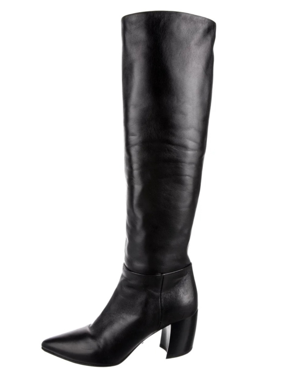 Prada Black Leather Knee-High Pointed-Toe Block Heel Boots